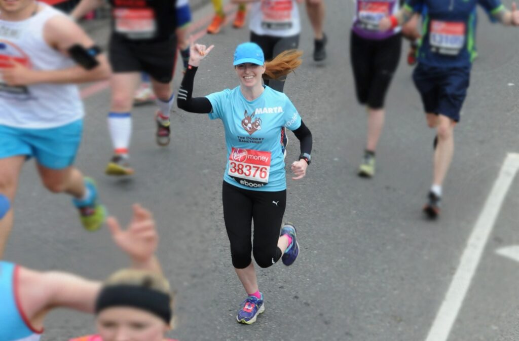 The ginger runner in the London marathon 2015 in Tower Bridge