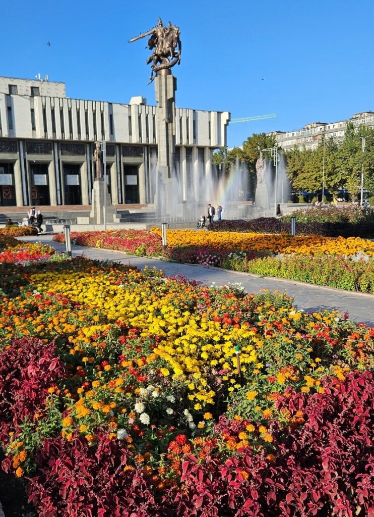 A rainbow in front of the Phillarmonic Hall in Bishkek