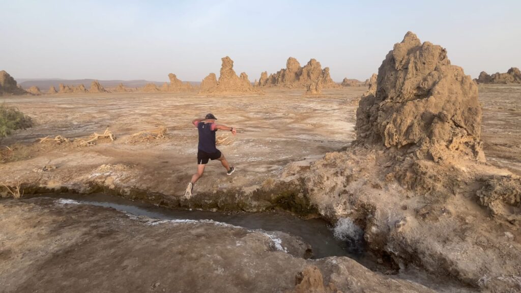 Run at sunset in Lake Abbe in Djibouti