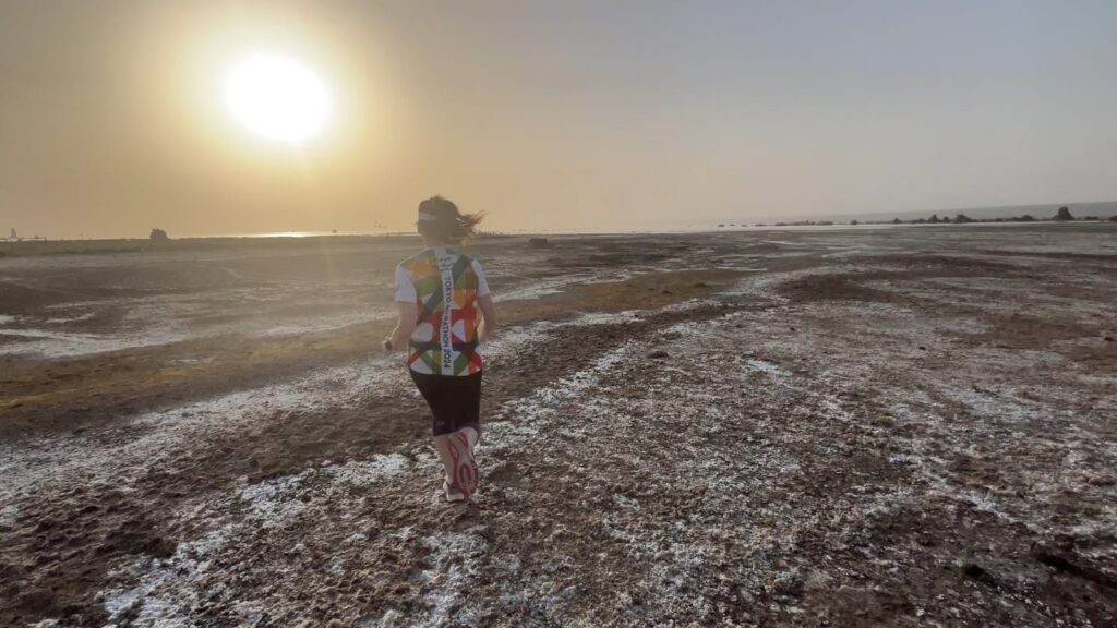 Run at sunset in Lake Abbe in Djibouti