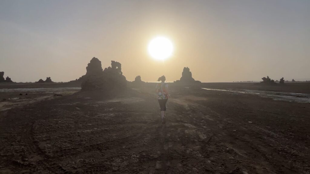 Run at sunset in Lake Abbe in Djibouti