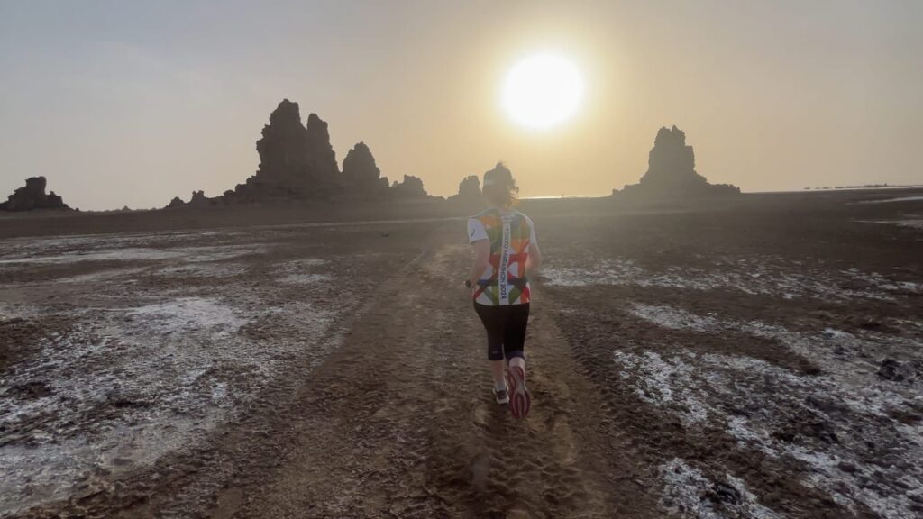 Run at sunset in Lake Abbe in Djibouti