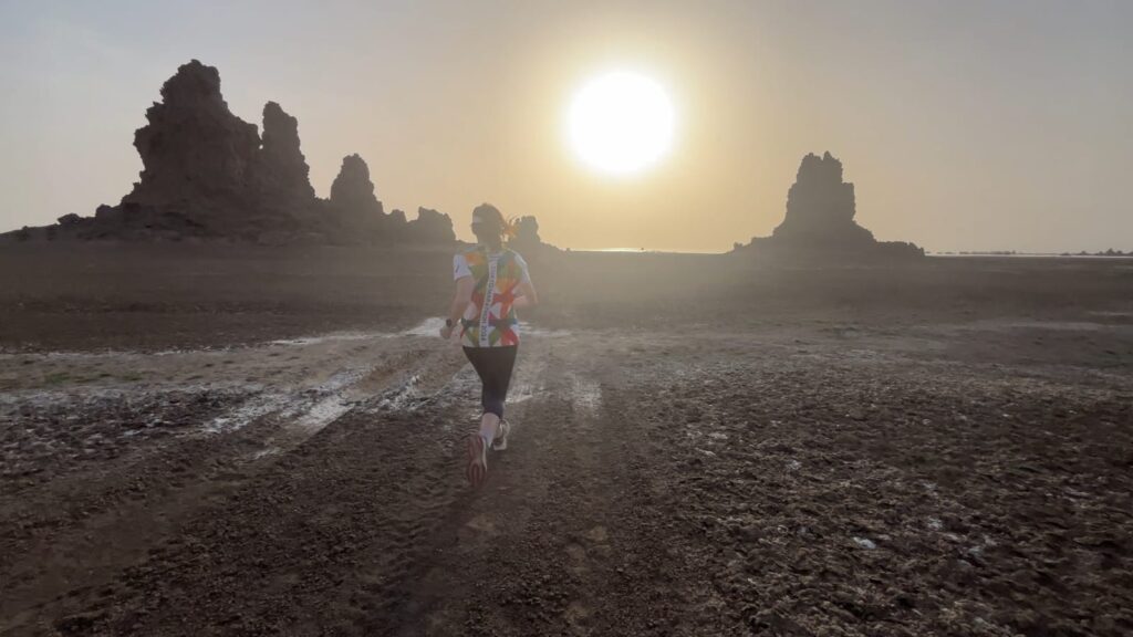 Run at sunset in Lake Abbe in Djibouti