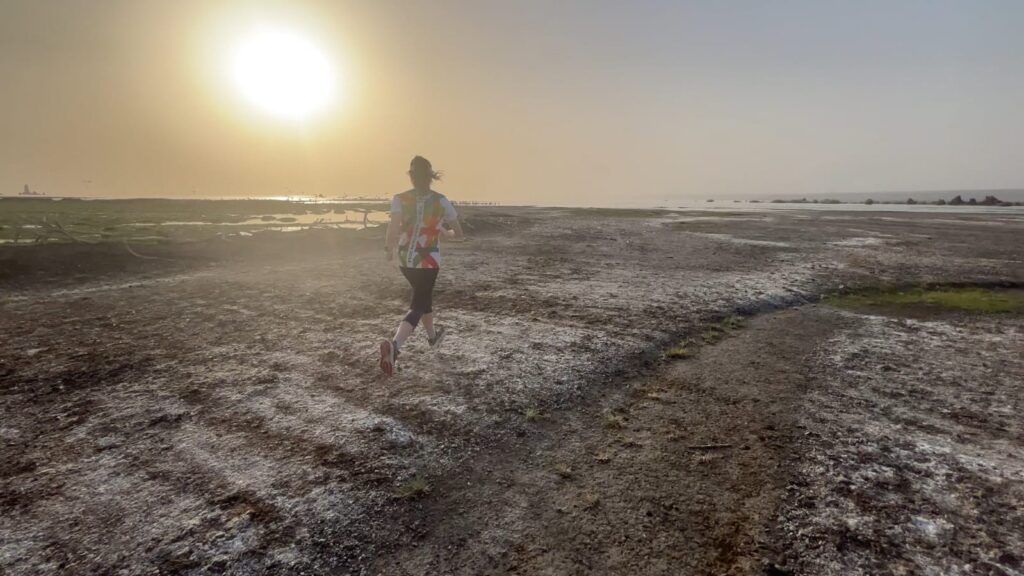 Run at sunset in Lake Abbe in Djibouti