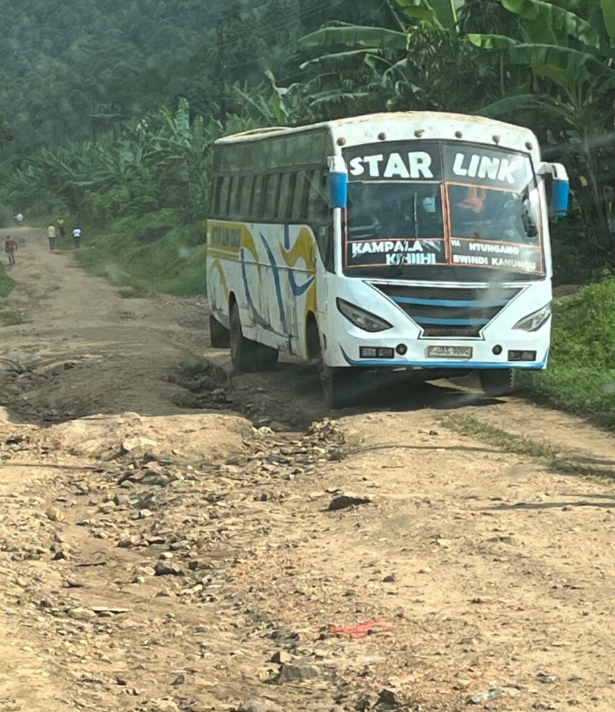 Public bus in a difficult road in Buhoma, near Bwindi Impenetrable forest, in Uganda