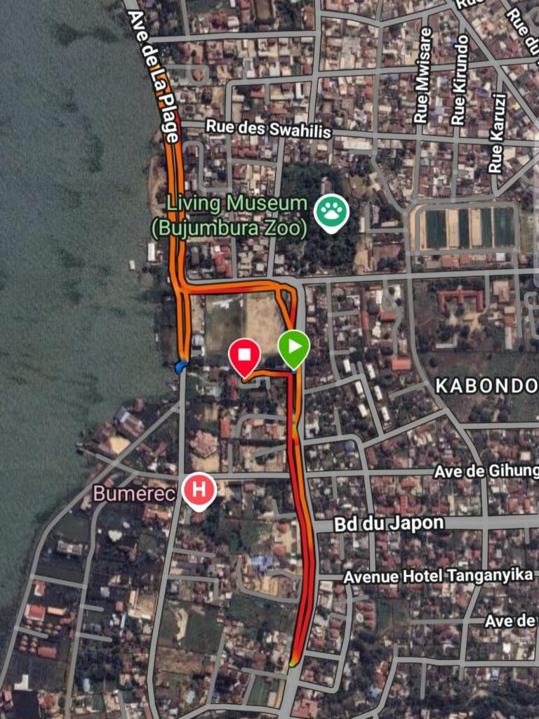 Map for a good route for running in Bujumbura in Burundi along Lake Tanganika around 8-10k