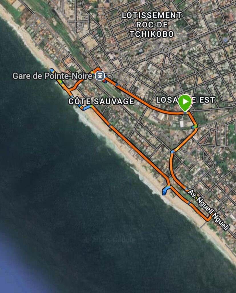 Map for a good route for running in Pointe Noire in Congo Brazzaville around 8-10k