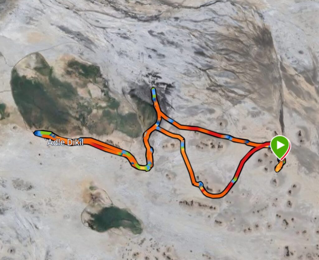 Map and Route for a good run around 5 kilometers in Lake Abbe in Djiobuti