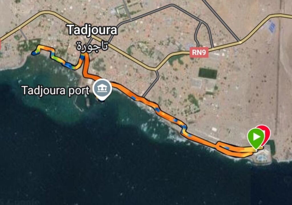 Map and Route for a good run around 5 kilometers inTadjoura in Djiobuti