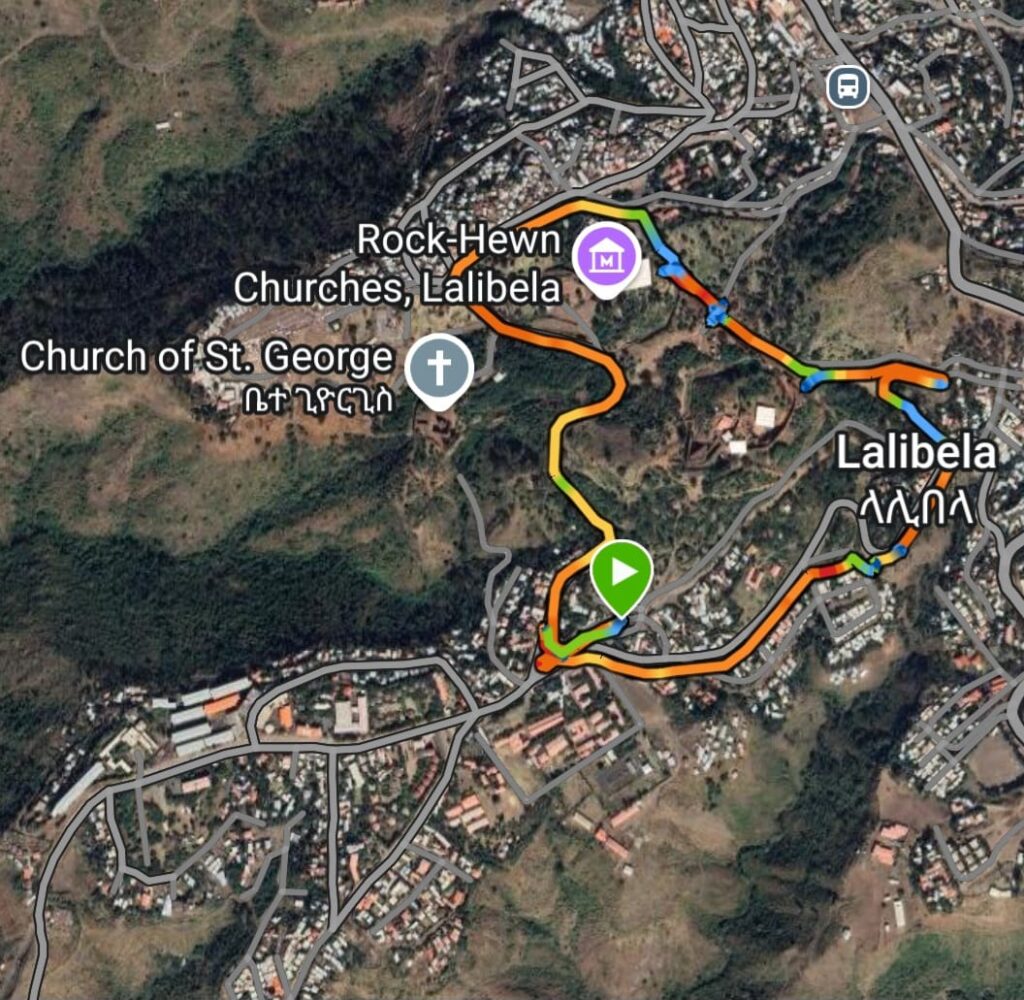 Map Route for a good run around 5 kilometers in Lalibela in Ethiopia