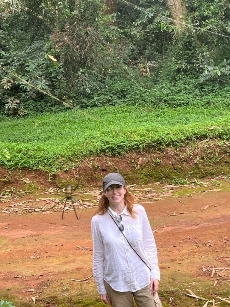 A giant spider and the running ginger in the Botanical Gardens in Entebbe, Uganda, in 2025