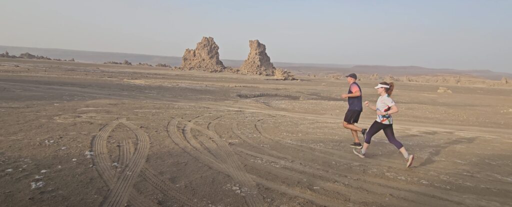 Run at sunset in Lake Abbe in Djibouti