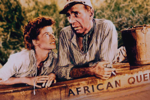 Humphrey Bogart and Katharine Hepburn in the African Queen, a movie shot in Uganda