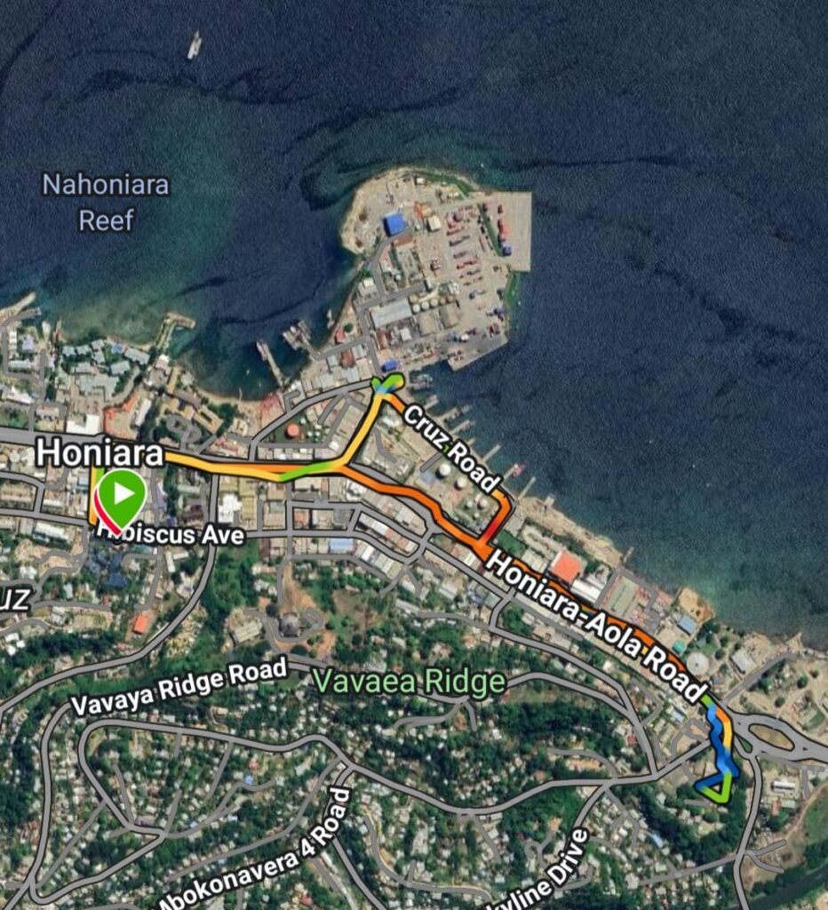 Route map for a 4k run around Honiara to see the major highlights. Recommened run route for running in the Solomon Islands.