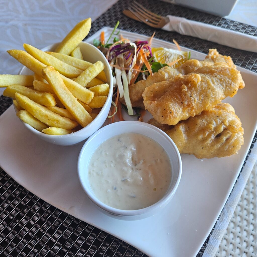 Eating recommendations for runners in Samoa. Local fish and chips.
