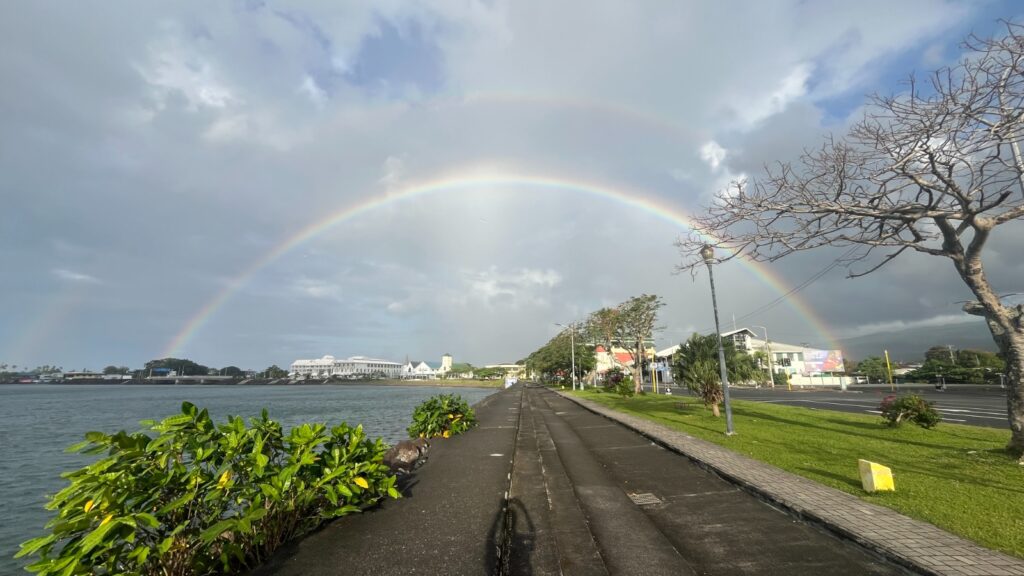 An amazing full rainbow in Apia. Iconic images of Samoa in 2025 during our run in Apia in August. Two recommended routes for runinng.
