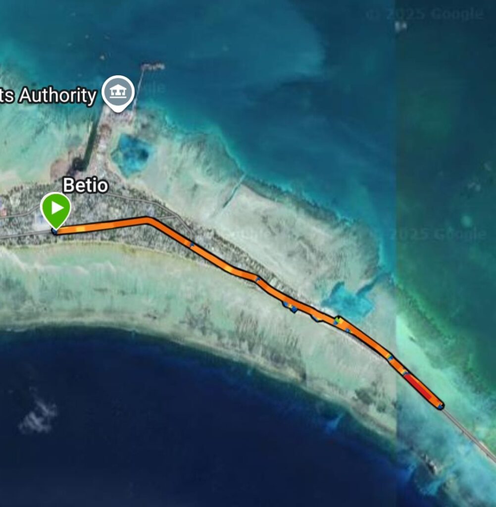 Map of our run route for our 8k run in Betio, Kiribati. 