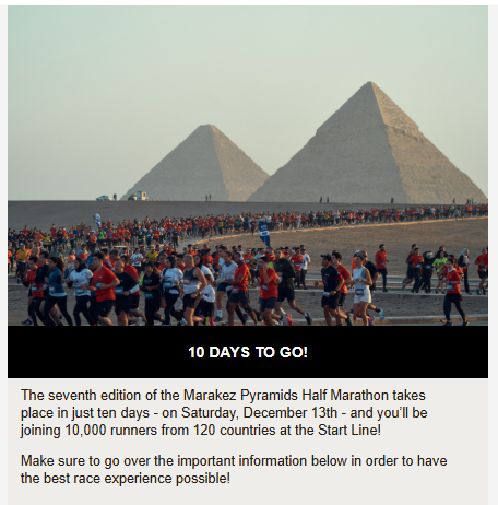 Email sent 10 days before the Mrakez Pyramids Half Marathon