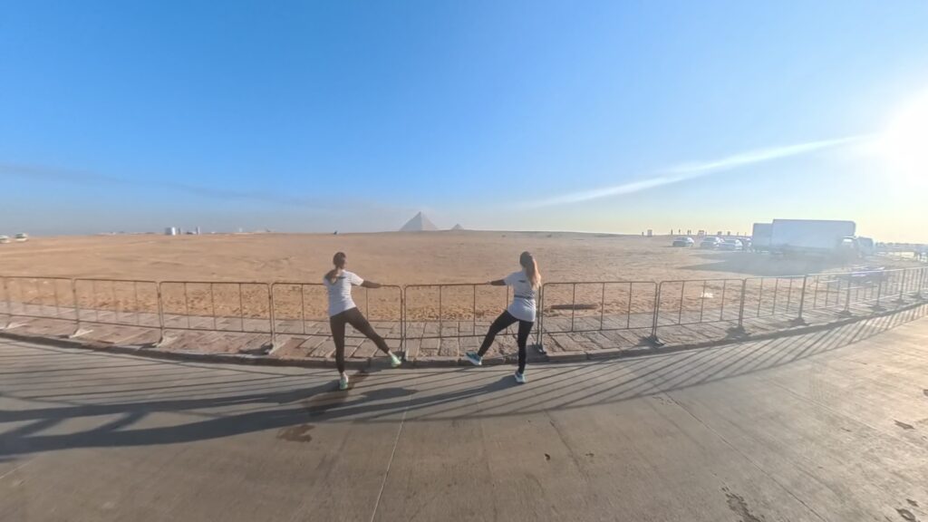 The Running Ginger in the Marazeh Pyramids Half Marathon in Gizah in 2025. Warming up