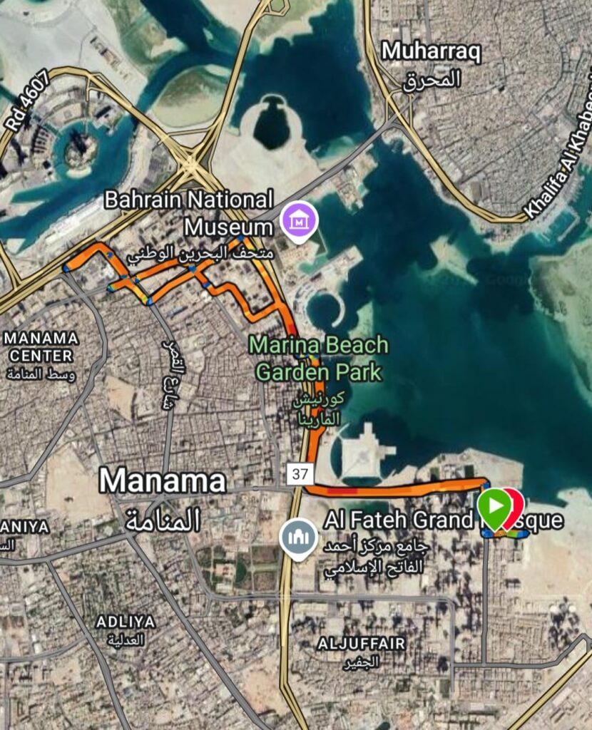 Recommended route for running in Bahrain. 5k to 21k map for a good run in Bahrain.
