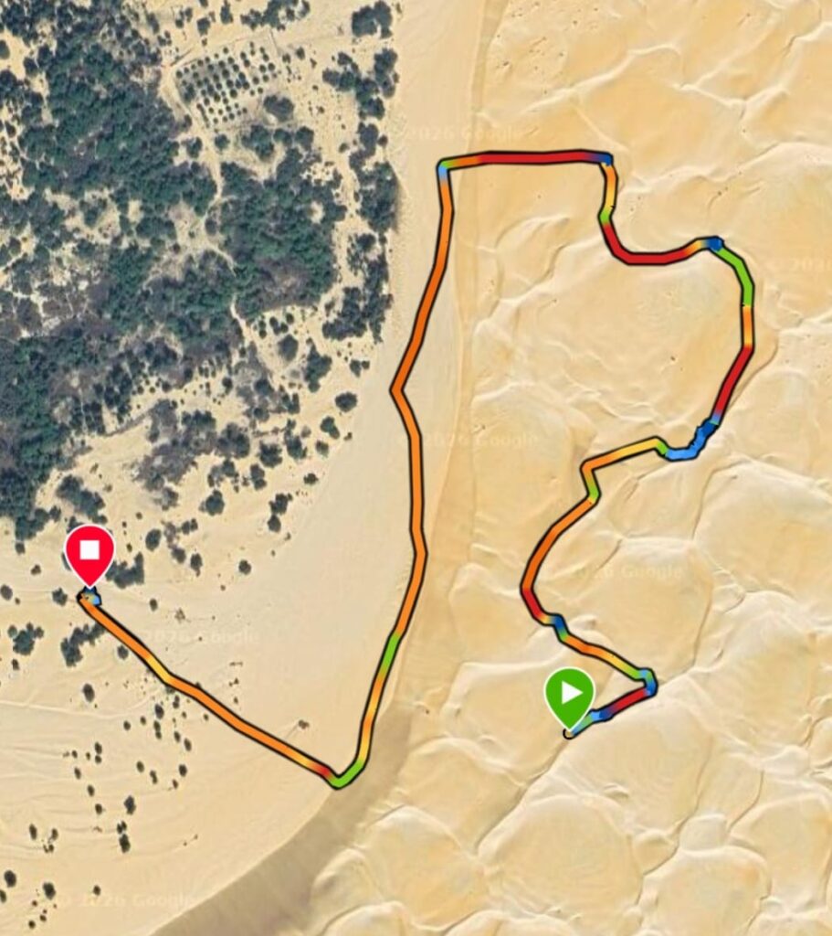 Recommended route for running in the Dunes in Azouega, Atar, in Mauritania. Map for our 5k run.