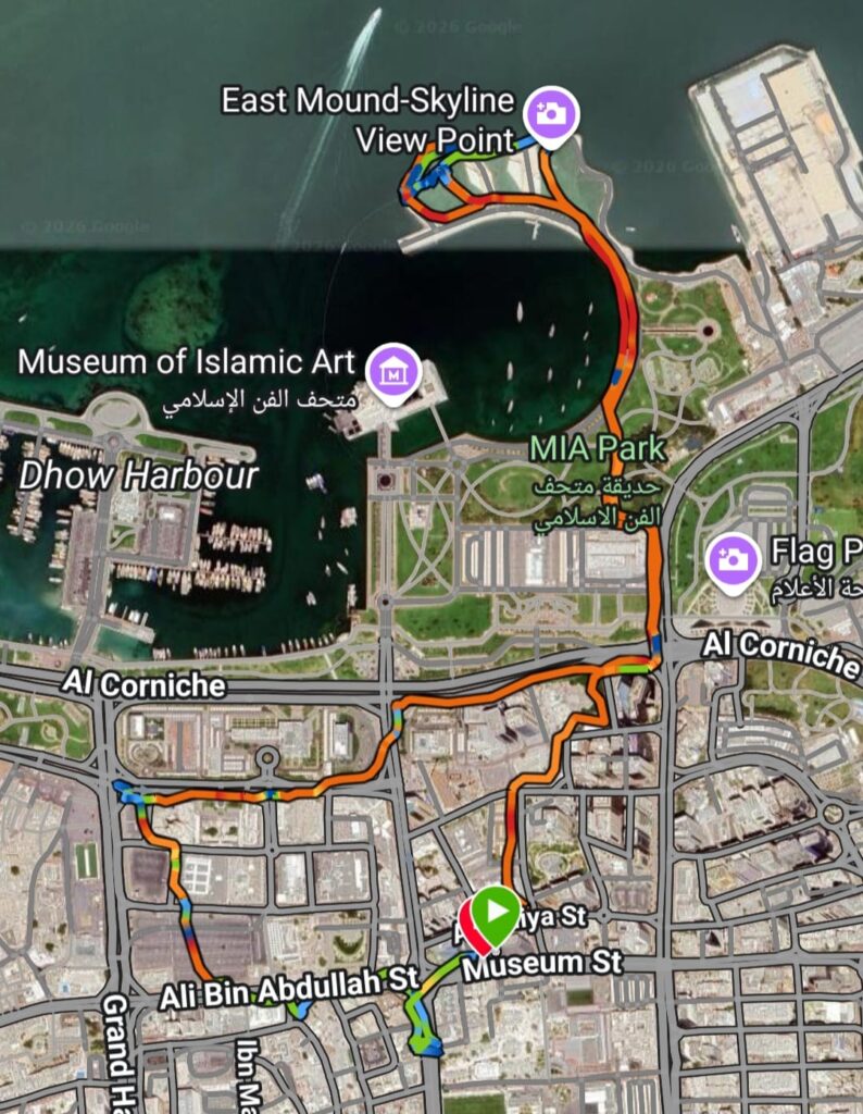 Route map for our 7k run in Doha, Qatar. Recommended route for running in Qatar.