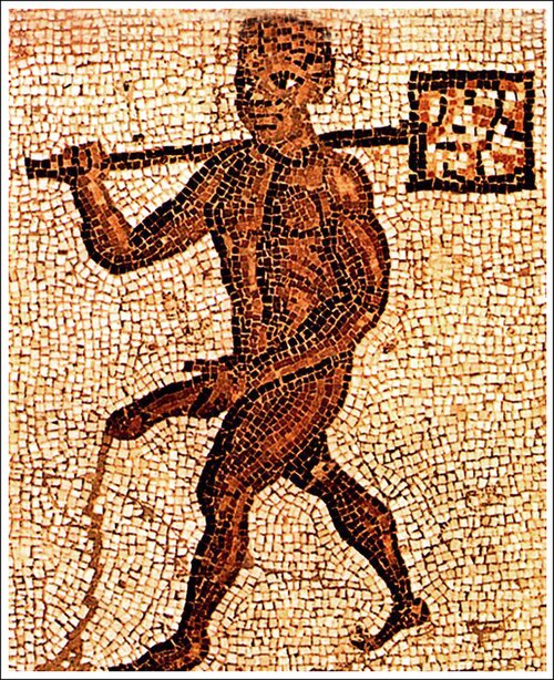 Mosaic in Timgad of a Negro, a Black slave, naked, working in the baths