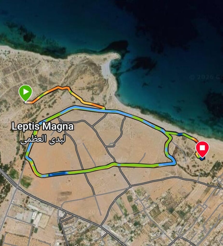 Course map for the Leptis Magna Marathon in Libya. Race course.